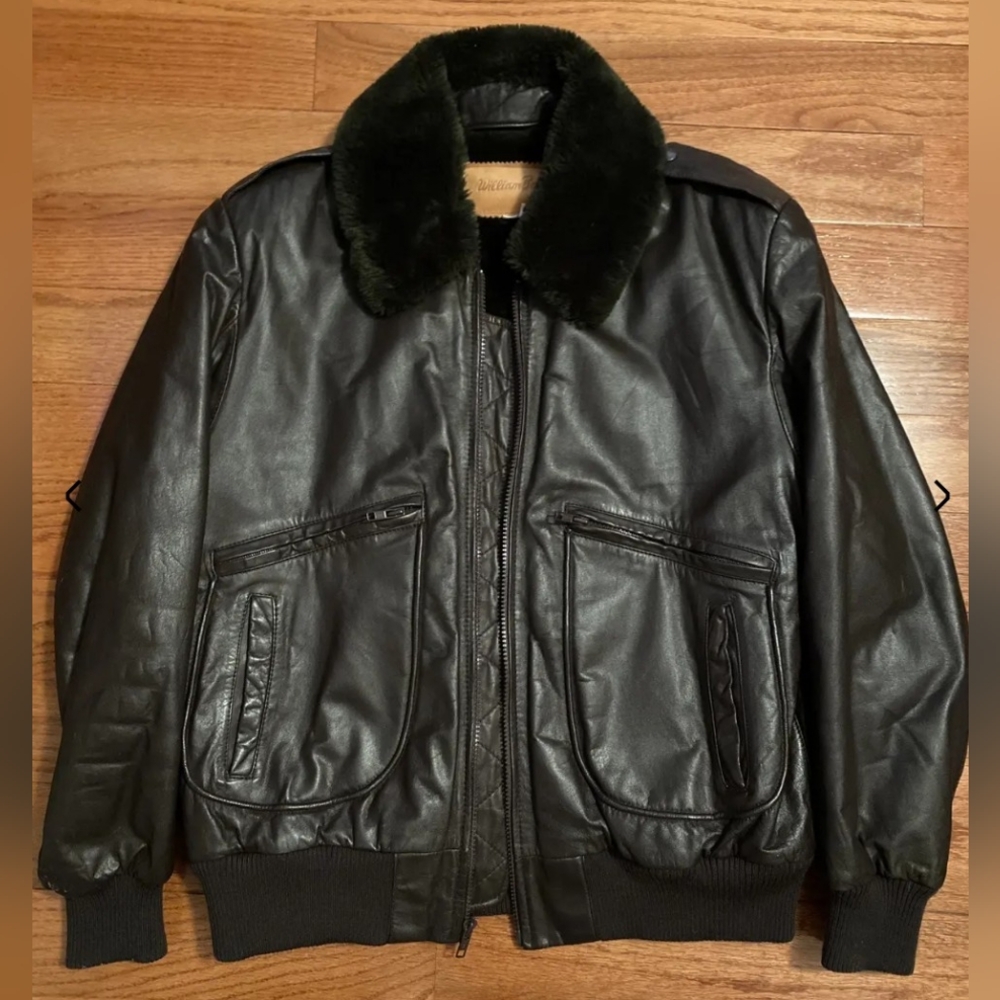 William Barry Black Leather Bomber Jacket with Fur Collar